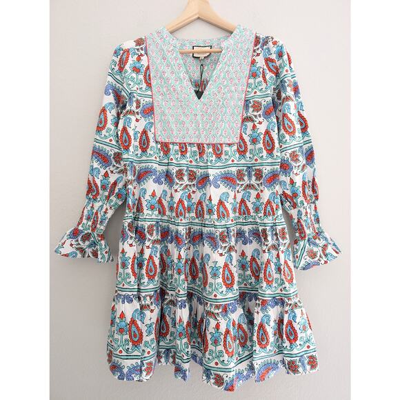 NWT Tuckernuck Kenzo Dress Teal Seagrass Block Print Boho Mini Size Medium - Picture 2 of 9